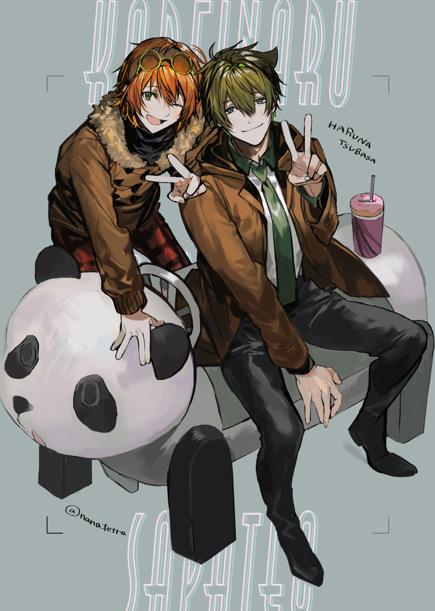 2boys absurdres ahoge bandaid bandaid_hair_ornament black_pants black_shoes blue_eyes blush brown_coat brown_jacket character_name checkered_clothes checkered_pants closed_mouth coat commentary_request cowboy_shot cup donut_print eyewear_on_head food_print full_body fur-trimmed_coat fur_trim green_eyes green_hair green_necktie grey_background hair_ornament highres hood hooded_jacket idolmaster idolmaster_side-m jacket kashiwagi_tsubasa looking_at_viewer male_focus multiple_boys nana_tetra necktie one_eye_closed open_clothes open_jacket open_mouth orange_hair panda pants red_pants shirt shoes simple_background sitting smile twitter_username v wakazato_haruna white_shirt