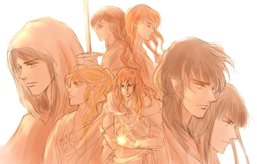 6+boys amras amrod armor blonde_hair brothers caranthir celegorm closed_eyes closed_mouth curufin elf holding holding_sword holding_weapon hood long_hair looking_to_the_side maedhros maglor male_focus mintkim multiple_boys pointy_ears prince profile siblings silmaril_(gem) simple_background sword the_silmarillion tolkien&#039;s_legendarium twins weapon white_background