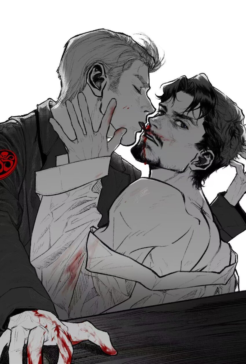 2boys avengers_(series) bare_shoulders blood blood_on_clothes blood_on_face blood_on_hands closed_eyes clothes_down facial_hair fingernails greyscale hand_on_another&#039;s_face hand_up highres jacket lanita_1212 lapels licking long_sleeves looking_at_viewer male_focus marvel monochrome multiple_boys nosebleed octopus_print open_mouth short_hair skirt steve_rogers table teeth tongue tongue_out tony_stark upper_body yaoi