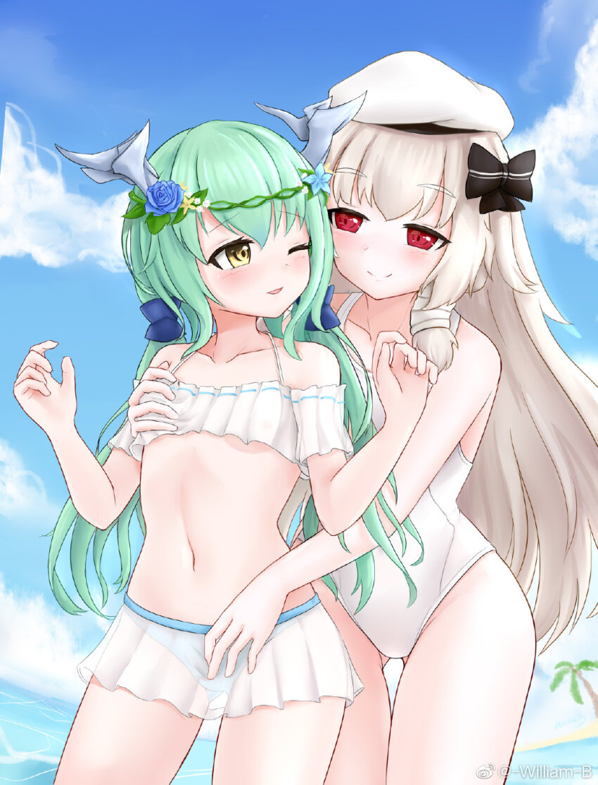 2girls alternate_costume bare_shoulders beret bikini black_bow blue_flower blue_rose blue_sky blush bow breasts chaser_(warship_girls_r) closed_mouth cloud collarbone cowboy_shot day flower grabbing_another&#039;s_breast grabbing_from_behind green_hair groping hair_bow hair_flower hair_ornament hat hat_bow highres horns long_hair looking_at_another multiple_girls navel ocean one_eye_closed outdoors parted_lips red_eyes ribbon rose sky small_breasts smile standing swimsuit twitter_username very_long_hair warship_girls_r water white_bikini white_hair williamb yellow_eyes yuri
