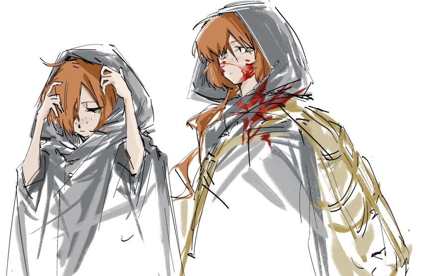 1girl age_progression blood blood_on_clothes blood_on_face cape closed_mouth fishing_net freckles green_eyes hair_over_one_eye hands_up highres hood hooded_cape humian0101 ishmael_(project_moon) limbus_company long_hair multiple_views orange_hair project_moon rope simple_background very_long_hair white_background white_cape