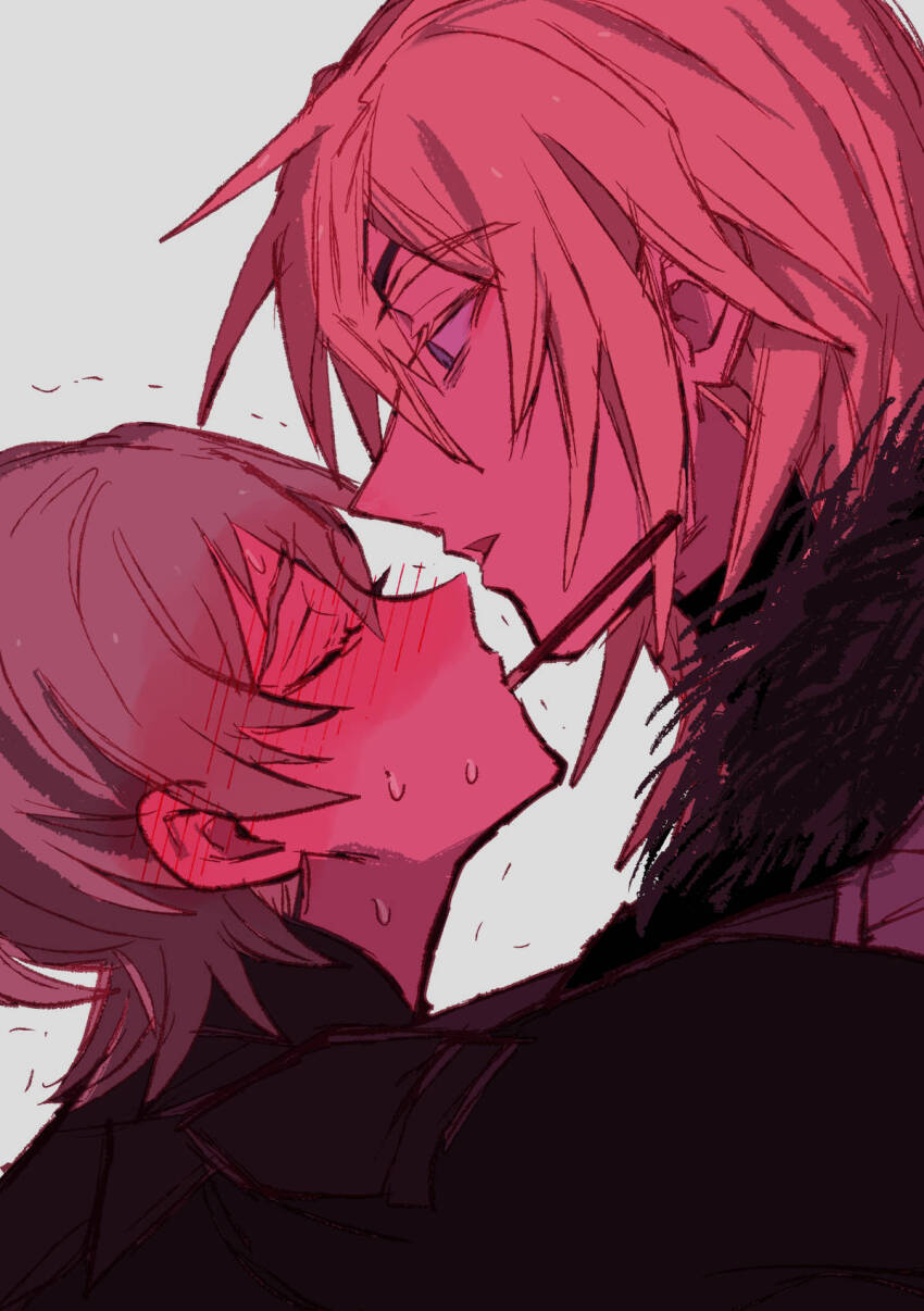2boys armor black_cape blonde_hair blue_eyes blush male_byleth_(enlightened)_(fire_emblem) male_byleth_(fire_emblem) cape closed_eyes commentary_request dimitri_alexandre_blaiddyd dimitri_alexandre_blaiddyd_(timeskip) fire_emblem fire_emblem:_three_houses food food_in_mouth full-face_blush gorget hair_behind_ear highres kusodekablack looking_at_another male_focus multiple_boys nintendo parted_bangs parted_lips pocky pocky_in_mouth profile simple_background upper_body white_background yaoi