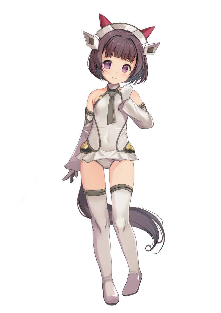 1girl absurdres aikawa_aika alice_gear_aegis animal_ears black_eyes black_hair commentary_request detached_sleeves ear_covers full_body gloves grey_gloves grey_leotard grey_thighhighs highres horse_ears horse_tail leotard nishino_flower_(umamusume) purple_eyes short_hair simple_background solo tail thighhighs umamusume white_background yashin_(yasinz)