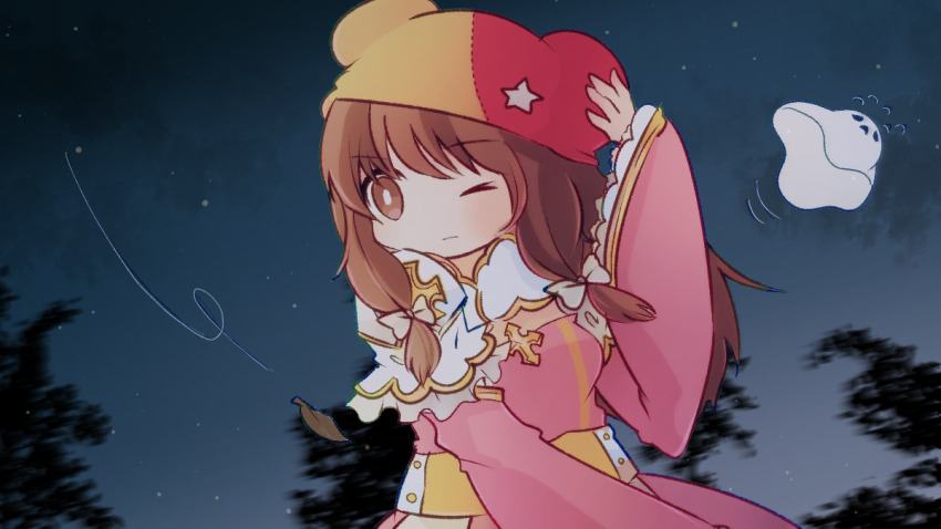 1girl arch_bishop_(ragnarok_online) blue_sky breasts brown_eyes brown_hair closed_mouth commentary_request cowboy_shot cross dress frilled_dress frilled_sleeves frills ghost hat long_hair medium_breasts motion_blur official_alternate_costume one_eye_closed outdoors pink_dress pochiko_(poteko) ragnarok_online red_hat sheet_ghost sky solo star_(sky) starry_sky tree two-tone_dress two-tone_hat whisper_(ragnarok_online) white_dress wind yellow_hat