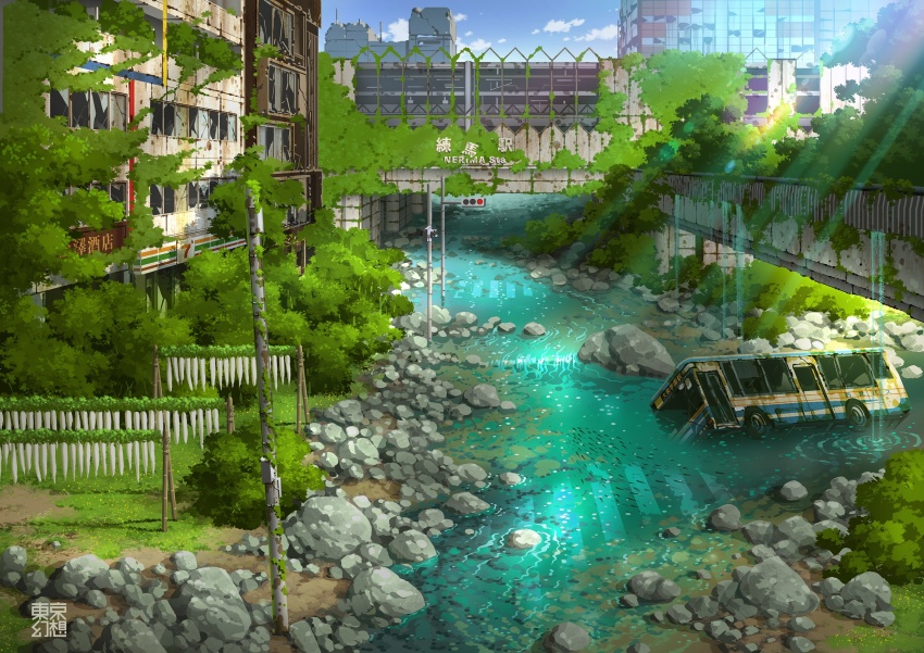 abandoned blue_sky broken_window building bus cloud commentary_request crosswalk day dilapidated highres motor_vehicle no_humans original outdoors overgrown post-apocalypse river rock ruins rust scenery signature sky tokyogenso traffic_light utility_pole water waterfall