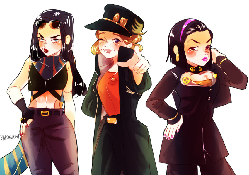 3girls bapogichi battle_tendency belt breasts briefcase brown_hair coat cosplay crop_top diamond_wa_kudakenai fingerless_gloves gloves hat higashikata_josuke higashikata_josuke_(cosplay) higashikata_tomoko jojo_no_kimyou_na_bouken jojo_pose joseph_joestar joseph_joestar_(young) joseph_joestar_(young)_(cosplay) kuujou_holly kuujou_joutarou kuujou_joutarou_(cosplay) lisa_lisa long_hair long_sleeves looking_at_viewer makeup mature_female medium_breasts midriff multiple_girls one_eye_closed pants red_lips red_nails scarf school_uniform short_hair stardust_crusaders sunglasses