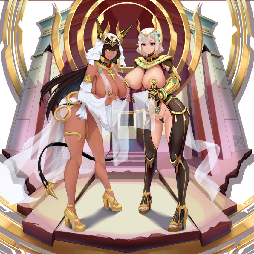 2girls ancient_egyptian animal_ears ankh black_hair breasts dark-skinned_female dark_skin detached_sleeves etahoin green_eyes hathor_(last_origin) high_heels highres huge_breasts jewelry last_origin long_hair looking_at_viewer multiple_girls nail_polish pointy_ears red_eyes revealing_clothes see-through_clothes sekhmet_of_death short_hair standing temple thighlet usekh_collar white_hair wide_sleeves