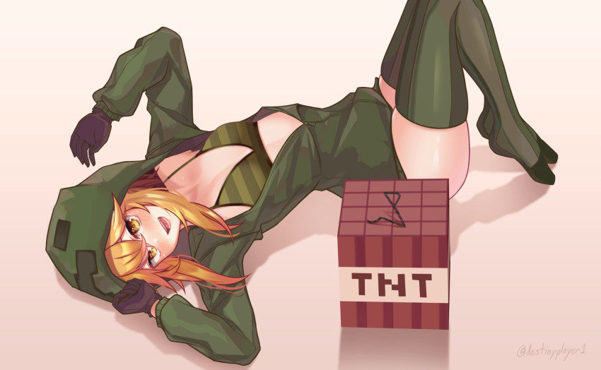 1girl bikini black_gloves borrowed_character breasts creeparka creeper cupa_(at2.) destinyplayer1 gloves green_bikini green_hoodie green_thighhighs highres hood hood_up hoodie long_sleeves looking_at_viewer lying medium_hair minecraft mob_talker on_back orange_eyes orange_hair personification small_breasts solo striped_bikini striped_clothes swimsuit thighhighs unzipped zipper zipper_pull_tab