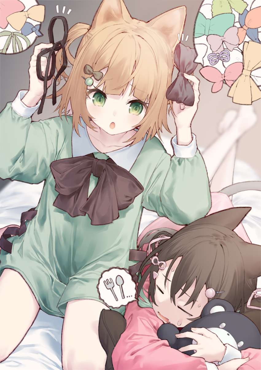 2girls :o animal_ears arms_up barefoot bed_sheet black_bow black_hair black_ribbon blue_bow blurry blurry_background bow brown_hair cat_ears cat_girl cat_tail closed_eyes collared_dress commentary_request depth_of_field dress fork green_bow green_dress green_eyes hair_between_eyes highres holding holding_bow_(ornament) holding_ribbon hugging_object long_sleeves lying multiple_girls on_stomach open_mouth original pillow pink_bow pink_dress puffy_long_sleeves puffy_sleeves ribbon spoon stuffed_animal stuffed_toy sweat tail tokuno_yuika two_side_up white_bow yellow_bow