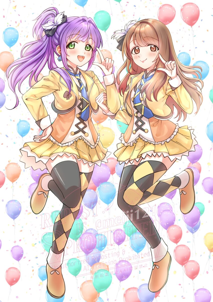 2girls :d animification argyle_clothes argyle_thighhighs ayase_eli ayase_eli_(cosplay) balloon black_bow black_thighhighs blue_necktie blush bow brown_eyes brown_hair closed_mouth collared_shirt commentary_request cosplay cropped_jacket cross-laced_clothes cross-laced_top flower_stand_art full_body green_eyes hair_bow hair_bun hair_intakes hanamiya_nina hand_on_own_hip highres index_finger_raised jacket link!_like!_love_live! long_hair long_sleeves love_live! love_live!_school_idol_project love_live!_series_asia_tour_2024 love_live!_the_school_idol_movie meiji_(mosamoo3) miniskirt mismatched_thighhighs multiple_girls necktie open_clothes open_jacket open_mouth orange_shirt orange_shoes otomune_kozue pleated_skirt purple_hair real_life shirt shoes side_ponytail sidelocks single_side_bun skirt smile sunny_day_song thighhighs virtual_youtuber voice_actor voice_actor_connection watermark white_background yellow_jacket yellow_skirt yellow_thighhighs zettai_ryouiki
