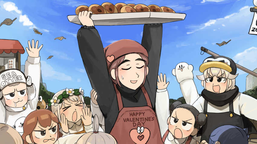 &gt;_&lt; 3girls 5boys :d :o absurdres apron bird black_hair black_overalls black_scarf black_shirt blue_hair blue_haired_boy_(diva) bob_cut_twin_(diva) brown_hair capybara_keeper_(diva) commentary diva_(hyxpk) donut donut_stamp double_bun drooling duck english_commentary food grey_hair hair_bun hair_ornament hat head_wreath heart heart_hair_ornament highres hungry_nun&#039;s_mother_(diva) lion_shirt_boy_(diva) long_hair multiple_boys multiple_girls open_mouth overalls penguin_hat penguin_keeper_(diva) red_apron red_hair red_overalls scarf sea_otter_keeper_(diva) seal_puppet shirt short_hair smile survey_girl_(diva) topknot_twin_(diva) valentine white_shirt zoo zookeeper zookeepers_(diva)