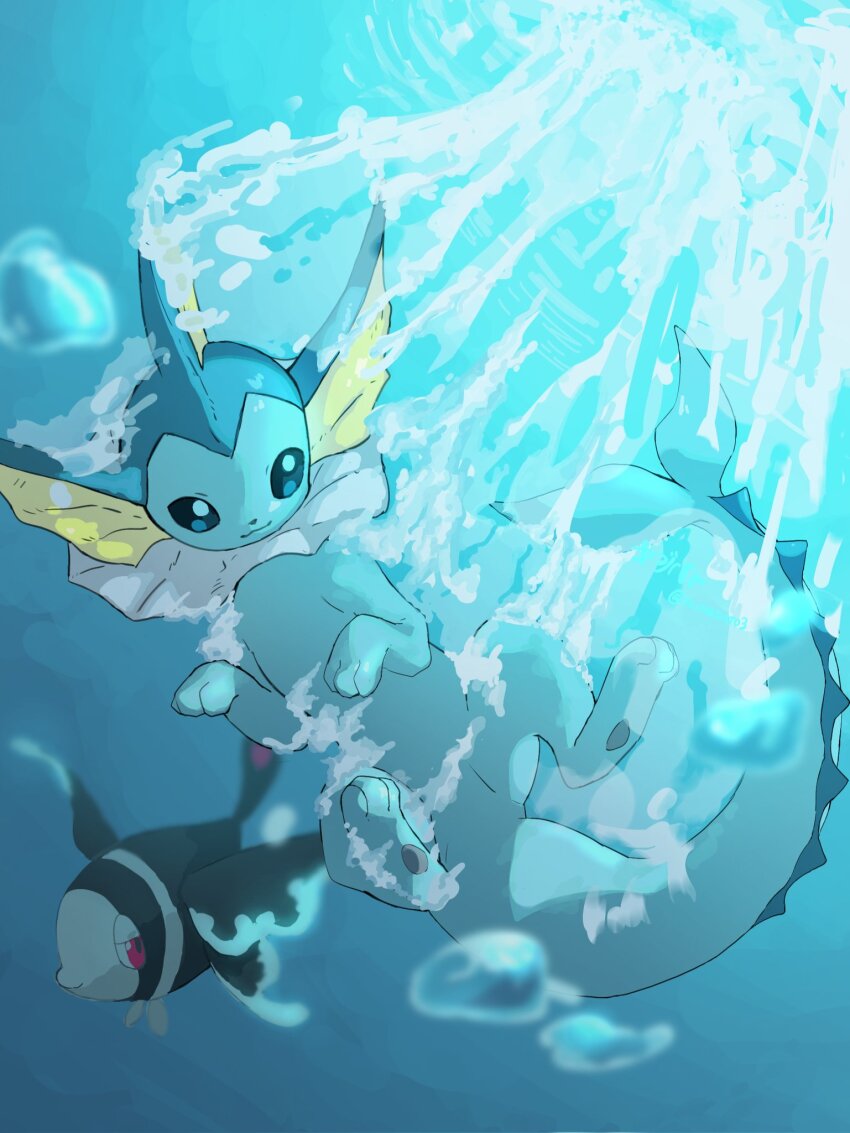 bubble commentary_request fins fish gen_1_pokemon gen_4_pokemon highres looking_down lumineon nintendo no_humans numabato3 pokemon pokemon_(creature) smile spikes swimming underwater vaporeon