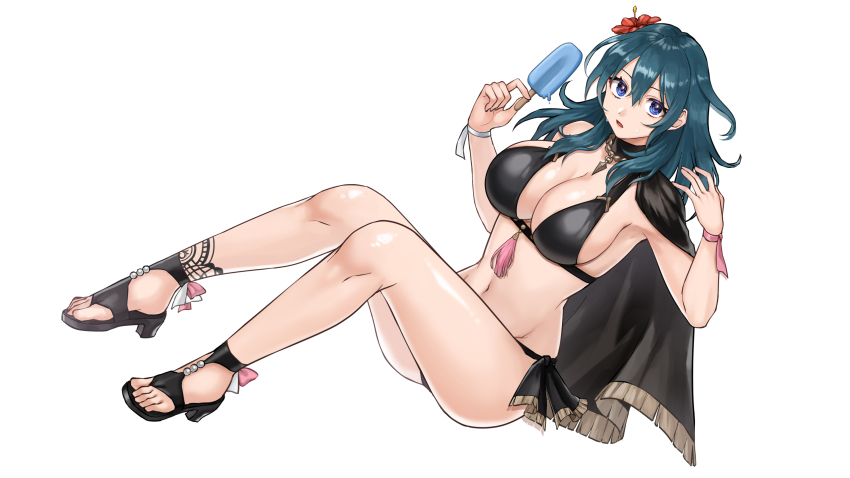 1girl absurdres bare_shoulders bikini black_bikini black_cape black_sandals blue_eyes blue_hair breasts cape female_byleth_(fire_emblem) fire_emblem fire_emblem:_three_houses fire_emblem_heroes flower food hair_flower hair_ornament hazuki_(nyorosuke) high_heel_sandals high_heels highres holding holding_food holding_popsicle large_breasts long_hair looking_at_viewer navel nintendo official_alternate_costume open_mouth popsicle red_flower sandals simple_background solo stomach swimsuit thighs white_background