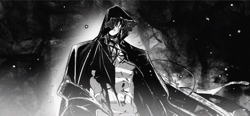 1boy abs cloak covered_eyes greyscale haze hood hood_up hooded_cloak light_particles looking_at_viewer male_focus monochrome no_shirt omniscient_reader&#039;s_viewpoint pectorals scar scar_on_face secretive_plotter solo tack_ka_2_0 upper_body