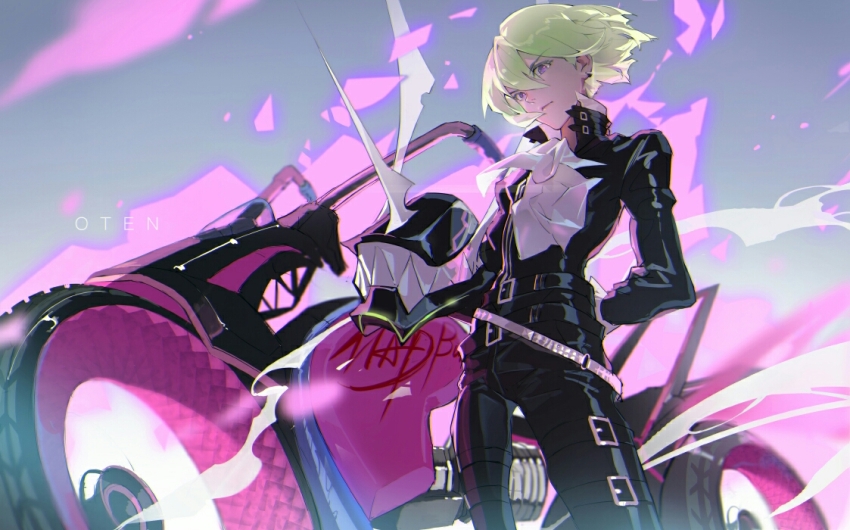 1boy artist_name ascot belt biker_clothes black_gloves black_jacket earrings fire gloves green_hair half_gloves helmet jacket jewelry leather leather_pants lio_fotia looking_at_viewer male_focus motor_vehicle motorcycle multiple_belts oten pants promare purple_eyes purple_fire short_hair solo watermark