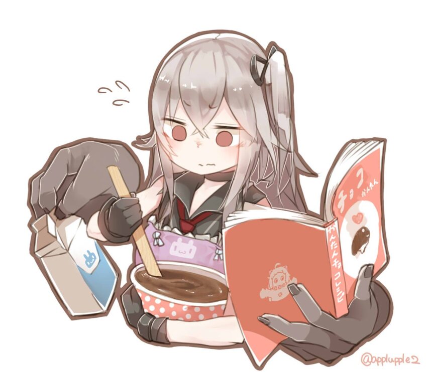 1girl abyssal_ship apron apupuru black_choker black_gloves book bowl bug choker cookbook crossed_bangs destroyer_water_oni extra_arms fly gloves grey_hair hair_between_eyes hair_ribbon holding holding_book holding_bowl insect kantai_collection long_hair milk_carton mixing_bowl one-hour_drawing_challenge one_side_up pink_apron red_eyes ribbon simple_background sleeveless solo translation_request wavy_mouth white_background