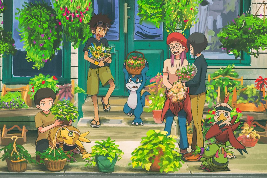 1girl armadimon beak bird black_hair brown_feathers bug digimon digimon_adventure_02 dragon feathers group_picture hawkmon hida_iori highres ichijouji_ken inoue_miyako kubota_keita long_hair medium_hair motomiya_daisuke multiple_boys outdoors plant potted_plant purple_hair short_hair talons v-mon wormmon