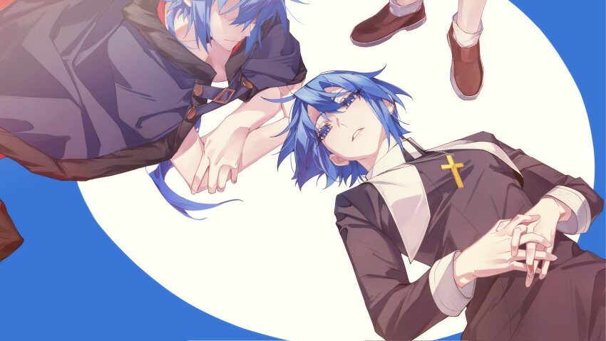 1other 2girls black_dress blue_cloak brown_shoes character_request ciel_(tsukihime) cloak closed_mouth cross cross_necklace dress hair_between_eyes highres jewelry latin_cross long_sleeves looking_at_another looking_at_viewer multiple_girls necklace out_of_frame own_hands_together parted_lips partially_shaded_face roa-ciel shoes shouzuo smile tsukihime tsukihime_(remake)