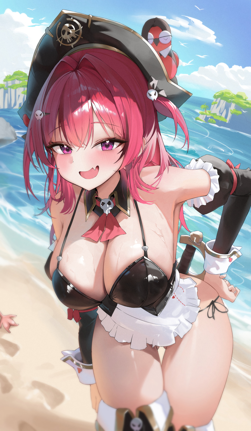 1girl :d absurdres animal animal_on_head apron ascot beach bikini bird bird_on_head black_bikini blue_sky breasts cleavage cloud day fang footprints goddess_of_victory:_nikke hand_on_own_hip hat highres hikimori_1 large_breasts looking_at_viewer maid_apron mast_(nikke) mast_(romantic_maid)_(nikke) morgan_(nikke) official_alternate_costume on_head open_mouth outdoors parrot pirate_hat purple_eyes red_ascot red_hair sky smile starfish swimsuit thighs water