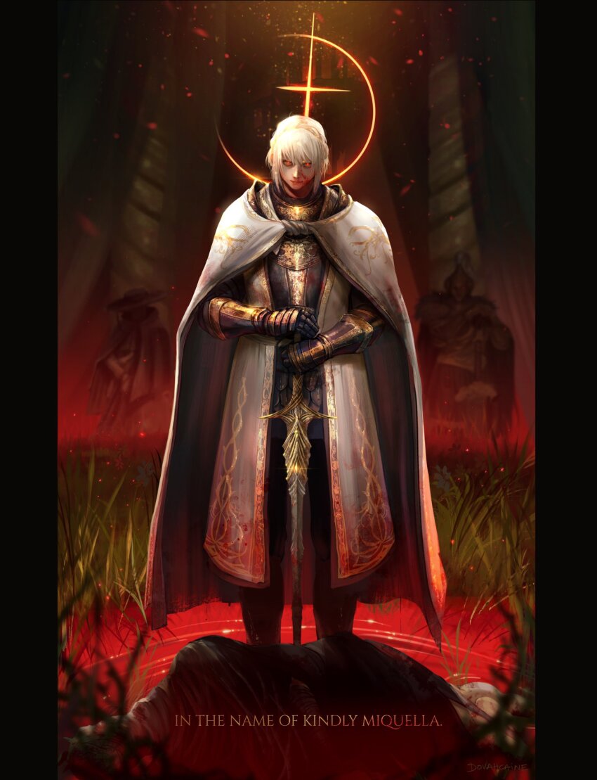 1boy 2girls armor armor_under_clothes black_border blonde_hair blood blood_on_clothes blood_on_face bloody_weapon blurry blurry_background border braid cloak commentary crown_braid dovahcaine dryleaf_dane elden_ring elden_ring:_shadow_of_the_erdtree english_commentary full_armor gauntlets glowing glowing_eyes golden_cross_(elden_ring) grass hat helm helmet highres knight looking_at_viewer multiple_girls needle_knight_leda ornate ornate_armor planted planted_sword planted_weapon plume red_eyes redmane_freyja sidelocks solo_focus standing sword weapon white_cloak