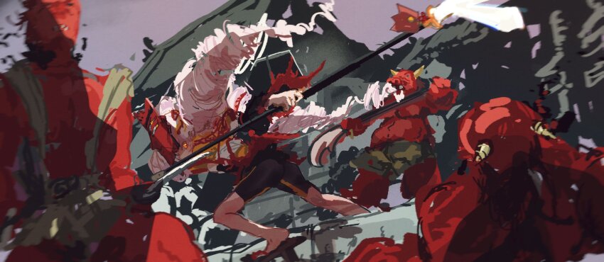 1girl 3boys absurdres architecture ass battle bike_shorts blurry_edges castle colored_skin commentary_request drill_hair east_asian_architecture floating_hair geta glowing glowing_eyes highres holding holding_behind_back holding_polearm holding_sword holding_weapon horns juumonji_yari kabuyama_kaigi katana loincloth long_hair long_sleeves looking_at_viewer looking_back mask mask_on_head multiple_boys naginata oni onikko_hunter_tsuina-chan orange_eyes outdoors pink_hair polearm purple_sky red_skin sky spear sword tengu-geta tsuina-chan twin_drills v-shaped_eyebrows very_long_hair voiceroid weapon yari