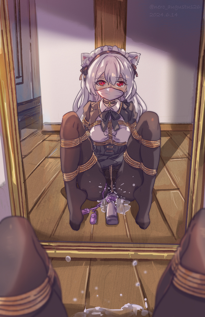 1girl absurdres animal_ears ball_gag bdsm bondage bound choker cloth_gag commission crotch_rope egg_vibrator female_focus female_orgasm gag gagged highres hitachi_magic_wand improvised_gag long_hair looking_at_mirror maid mirror nero_augustus orgasm original pov pussy_juice pussy_juice_puddle red_eyes sex_toy shibari shibari_over_clothes solo spread_legs tied_up_(nonsexual) vibrator white_hair