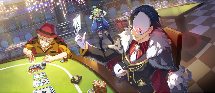 1boy 1girl 1other aqua_(konosuba) arms_up black_hair black_jacket black_mask black_suit blonde_hair blue_boots blue_eyes blue_hair blue_shirt blue_skirt boots bow bowtie brooch card casino chair chandelier checkered_floor creature detached_sleeves dress_shirt dust_(konosuba) evil_grin evil_smile fedora formal_clothes game_cg gloves glowing glowing_eye green_bow green_bowtie grin hair_rings half_mask hands_on_own_head hands_up hat highres holding holding_card indoors jacket jacket_on_shoulders jewelry kono_subarashii_sekai_ni_shukufuku_wo! konosuba!_fantastic_days long_hair mask miniskirt necktie official_alternate_costume official_art on_chair one_eye_closed open_mouth pendant pocket_watch poker poker_chip poker_table red_eyes red_hat red_jacket red_shirt shaded_face shirt short_hair single_hair_ring sitting skirt sleeveless sleeveless_shirt sleeves_rolled_up smile standing star_(symbol) suit suit_jacket table thigh_boots thighhighs two-tone_mask vanir watch white_gloves white_mask white_necktie white_sleeves white_thighhighs yellow_shirt