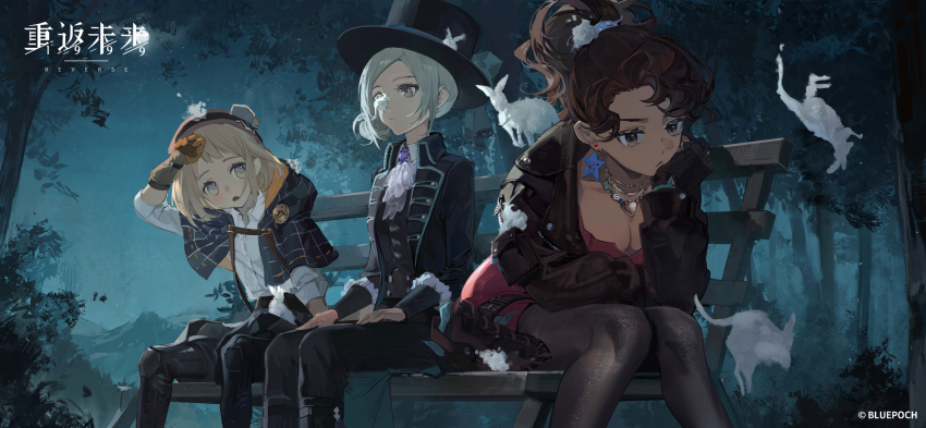 1boy 2girls :&lt; :/ :o annoyed arm_on_thigh ascot black_coat black_jacket black_pants black_pantyhose black_vest blonde_hair blue_bow blue_cloak blue_eyes blue_headwear bob_cut bow breasts brown_eyes brown_gloves brown_hair brown_headwear brown_pants cleavage cloak coat collared_shirt copyright_name copyright_notice cowboy_shot desert_flannel dress earrings elbow_rest ezra_theodore facing_viewer flat_chest foam full_moon gloves grey_eyes grey_hair hair_bun hand_on_own_face hand_on_own_head hands_on_own_thighs hat hat_bow head_rest high_ponytail highres hood hooded_cloak jacket jewelry kangaroo leaning_forward leather leather_jacket legs_apart logo long_sleeves looking_ahead looking_down looking_to_the_side medium_breasts moon multiple_girls necklace night night_sky official_art official_wallpaper on_bench outdoors pants pantyhose pencil_dress pink_dress ponytail reverse:1999 shell shell_necklace shirt short_dress short_hair single_side_bun sitting sky star_(symbol) star_earrings three-quarter_sleeves tree v-shaped_eyebrows vertin_(reverse:1999) vest waistcoat white_ascot white_shirt wiping_forehead wiping_sweat