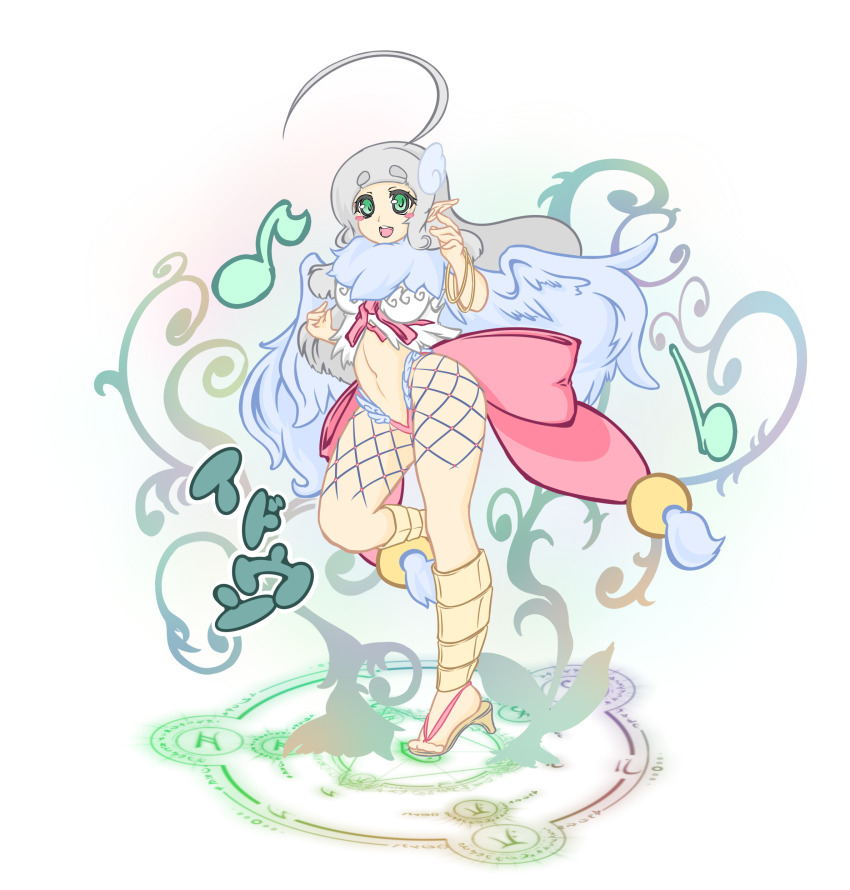 1girl absurdres ahoge arched_bangs back_bow bangle bikini blush_stickers bow bracelet breasts brown_sandals commentary_request feathered_wings full_body green_eyes grey_hair highres huge_ahoge jewelry large_bow long_hair looking_at_viewer magic_circle medium_breasts musical_note navel open_mouth pink_bow pointy_ears ragnarok_iris ragnarok_online sandals simple_background smile solo standing standing_on_magic_circle swimsuit wanderer_(ragnarok_online) white_background white_bikini white_wings wings