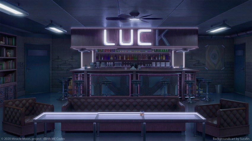 3d bar_(place) bar_stool blonde_hair blue_eyes bookshelf bottle brick brick_wall bucket cabinet ceiling ceiling_fan ceiling_light chair clothes_hanger couch counter cup door door_handle drinking_glass english_text glass glass_table highres indoors interior no_humans original poster_(object) scenery sign stool surafin table tavern tile_ceiling tiles