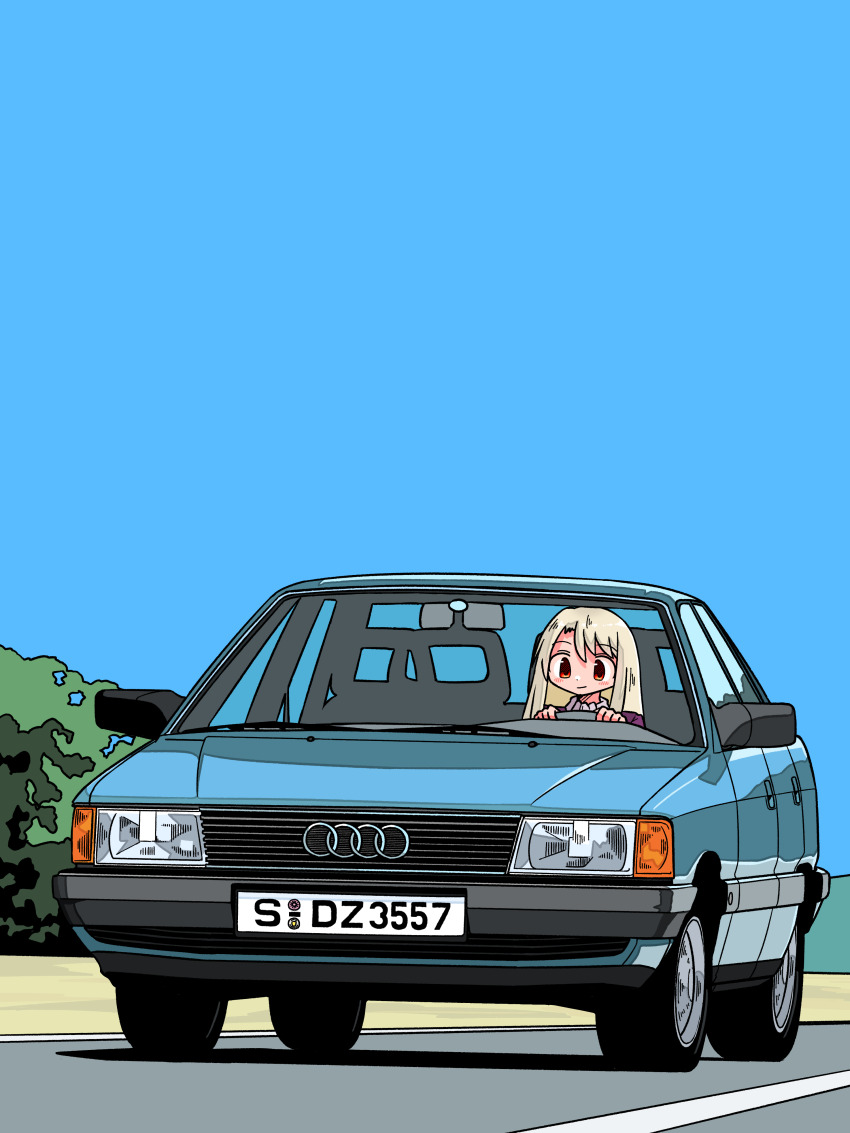 1girl absurdres audi audi_100 blue_car blue_sky car closed_mouth commentary_request commission driving fate_(series) highres illyasviel_von_einzbern kasuya_baian long_hair motor_vehicle outdoors purple_shirt red_eyes shirt skeb_commission sky smile solo steering_wheel vehicle_focus white_hair