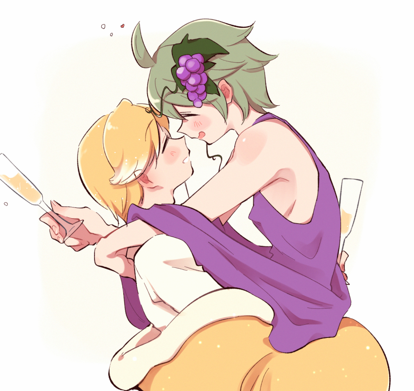 2boys ahoge alcohol alternate_costume arms_around_another&#039;s_neck arms_around_neck blonde_hair blush carrying carrying_person closed_eyes coat cookie_run covered_erect_nipples cup drunk food food-themed_hair_ornament fruit fur-trimmed_coat fur_trim glitter grape_hair_ornament grapes greco-roman_clothes green_hair hair_between_eyes hair_ornament happy heart herb_cookie highres holding holding_cup holding_glass hug humanization leaf leaf_hair_ornament leaves lifting_person long_sleeves male_focus multicolored_hair multiple_boys niwa_(niwa827) off-shoulder_coat off_shoulder official_alternate_costume plant purple_robe purple_shirt robe roman_clothes shirt short_hair simple_background sleeveless smile sparkle sparkling_cookie tagme trap two-tone_hair upper_body vines white_background white_hair white_shirt wine_cup yaoi yellow_coat yellow_liquid