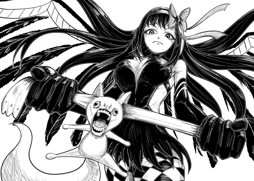 1girl 1other absurdres akemi_homura akuma_homura black_dress black_gloves black_hair black_wings bow_hairband breasts closed_mouth commentary creepy_eyes dress elbow_gloves expressionless feathered_wings floating_hair gloves hairband highres hokokara kyubey large_breasts long_hair looking_at_another mahou_shoujo_madoka_magica mahou_shoujo_madoka_magica:_hangyaku_no_monogatari open_mouth pain revenge screaming simple_background tail teeth torture white_background wings