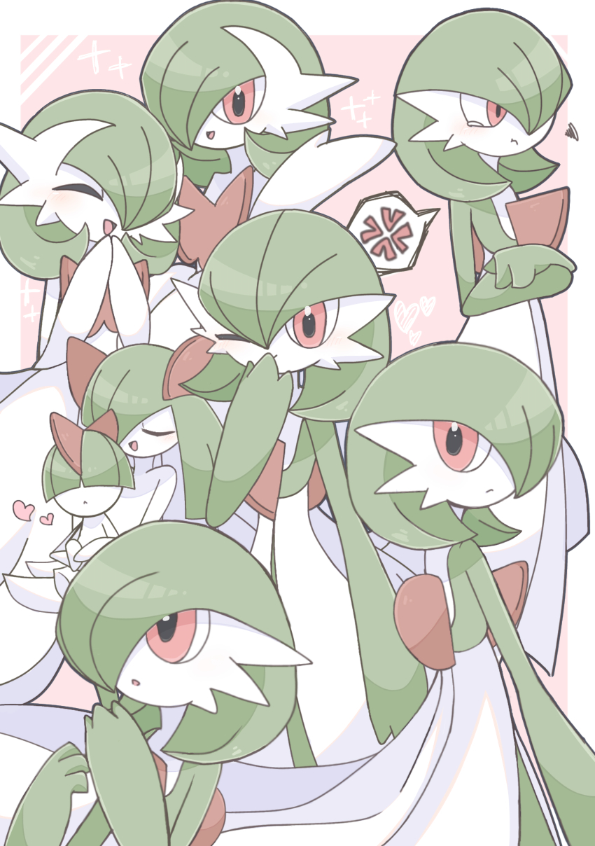 1other 2girls :t ^_^ anger_vein angry arm_at_side averting_eyes blowing_kiss blunt_bangs blush bob_cut border bowl_cut closed_eyes closed_mouth colored_skin covered_eyes crossed_arms evolutionary_line flat_chest from_side gardevoir gen_3_pokemon green_hair green_skin hair_between_eyes hair_over_eyes hair_over_one_eye hand_to_own_mouth hand_up hands_up happy heart kirlia looking_afar looking_at_viewer looking_up medium_hair mega_gardevoir mega_pokemon multicolored_skin multiple_girls multiple_views nintendo one_eye_closed one_eye_covered open_mouth outside_border own_hands_together pink_background pokemon pokemon_(creature) pout ralts red_eyes short_hair sidelocks simple_background smile sparkle speech_bubble spoken_anger_vein squiggle suzu_(pixiv_32232702) tears two-tone_skin u_u white_border white_skin wink