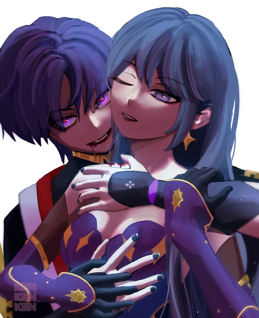 1boy 1girl alternate_hairstyle alternate_species armor artist_name black_bodysuit black_gloves black_kimono black_nails blood blood_from_mouth blunt_ends bodysuit deep_skin detached_sleeves earrings elbow_gloves fangs genshin_impact gloves gold grabbing_from_behind grey_hair hair_down han&#039;eri hand_on_another&#039;s_arm hand_on_hand head_tilt heads_together hetero highres hug hug_from_behind japanese_armor japanese_clothes jewelry kimono kote kurokote layered_kimono leotard long_hair looking_at_viewer mona_(genshin_impact) moriko_ken11 neck_ring one_eye_closed open_clothes open_hand open_hands open_kimono open_mouth purple_eyes purple_hair purple_leotard purple_lips purple_sleeves red_kimono red_pupils scaramouche_(genshin_impact) single_sode smile star_(symbol) star_earrings strapless strapless_leotard vampire white_background white_kimono white_mouth wispy_bangs