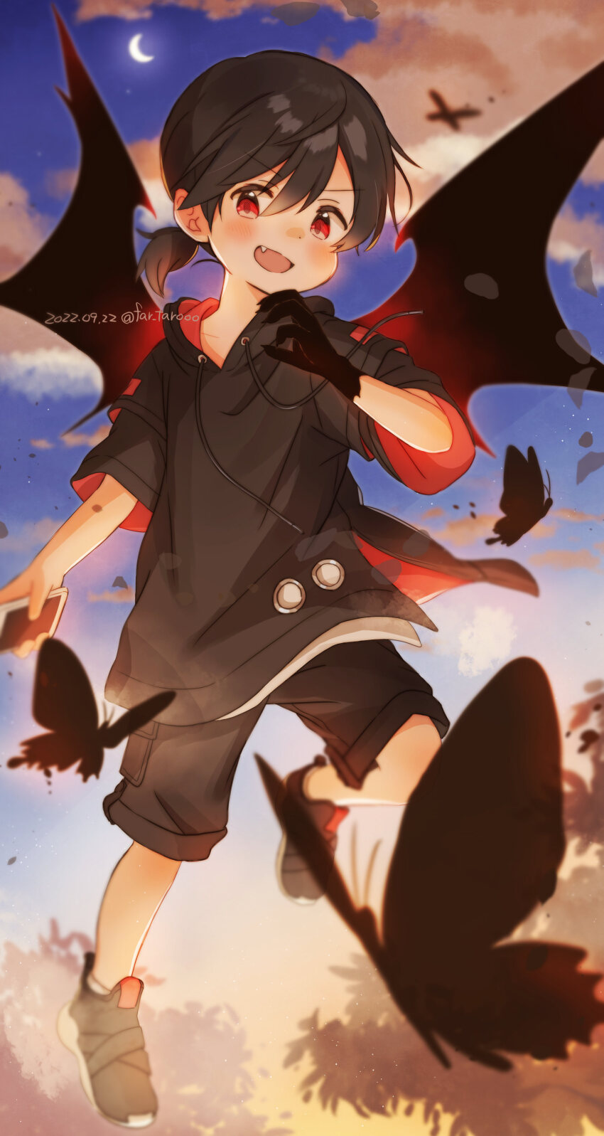 1boy absurdres arm_up bat_wings black_hair black_hoodie black_shoes black_shorts black_wings blush bug butterfly child cloud colored_extremities commentary_request crescent_moon dot_nose drawstring dusk fang far_tarooo fingernails full_body hair_between_eyes highres holding hood hood_down hoodie insect looking_to_the_side male_focus moon open_mouth original outdoors parted_bangs ponytail red_eyes sharp_fingernails shiro_(far_tarooo) shoes short_ponytail shorts sideways_glance sky smile solo two-sided_hoodie v-shaped_eyebrows wings
