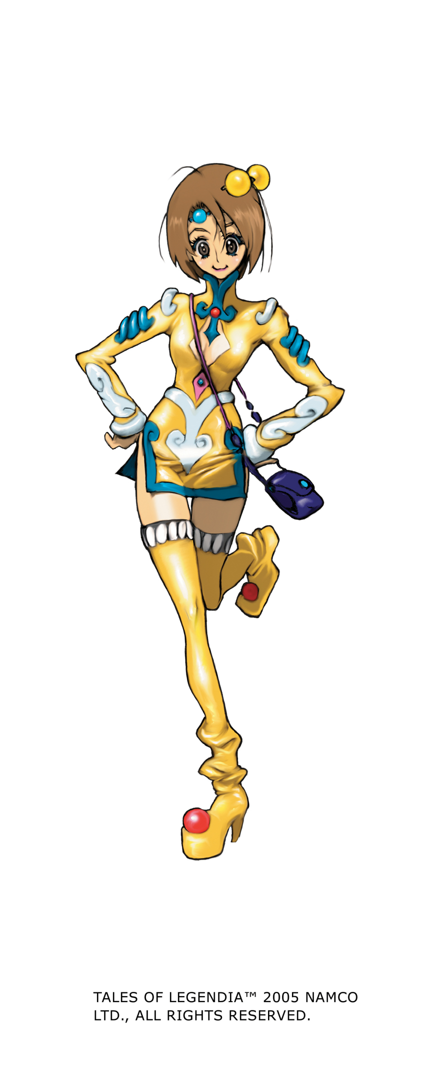 00s 1girl 2005 :3 absurdres bag blue_eyes boots brown_hair circlet female_focus full_body hair_ornament hairpin handbag highres long_image miniskirt nakazawa_kazuto norma_beatty official_art short_hair skirt smile solo standing standing_on_one_leg tales_of_(series) tales_of_legendia tall_image thigh_boots thighhighs white_background yellow_boots yellow_skirt yellow_thighhighs