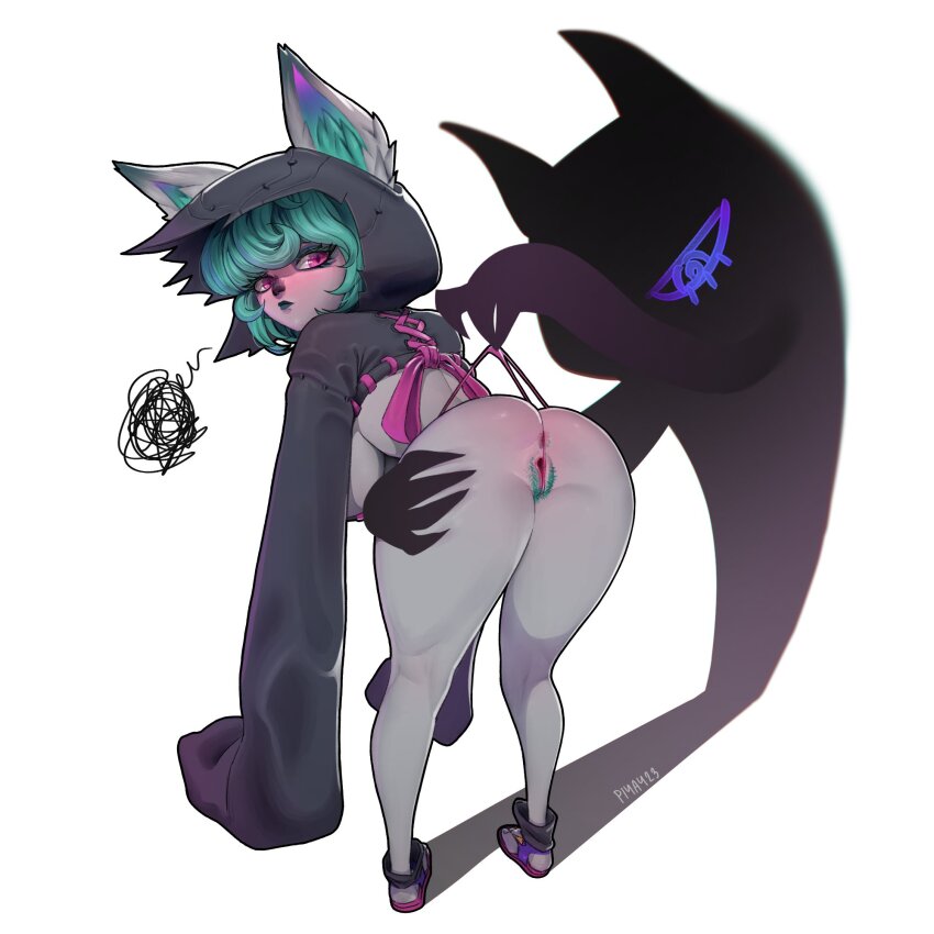 1girl alternate_ears animal_ears annoyed anus artist_name ass black_hoodie colored_skin commentary ears_through_headwear english_commentary female_pubic_hair furry furry_female glowing_ears grabbing_another&#039;s_ass green_hair grey_skin groping highres hood hoodie league_of_legends living_shadow looking_at_viewer panties panty_pull pink_eyes pink_panties piyay23 pubic_hair pussy short_hair simple_background spread_ass spread_pussy squiggle underwear very_long_sleeves vex_(league_of_legends) vex_shadow_(league_of_legends) yordle