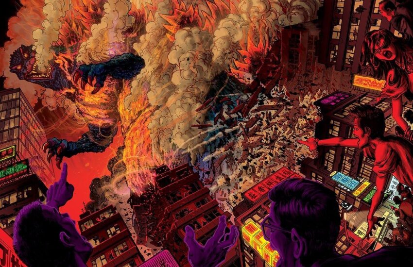 alternate_form apocalypse aura burning_godzilla city claws crowd destruction dinosaur epic giant giant_monster glasses glowing glowing_eyes godzilla godzilla_(series) godzilla_vs._destoroyah jeff_zornow kaiju monster neon_lights panicking pointing rotated smoke spikes steam steaming_body toho