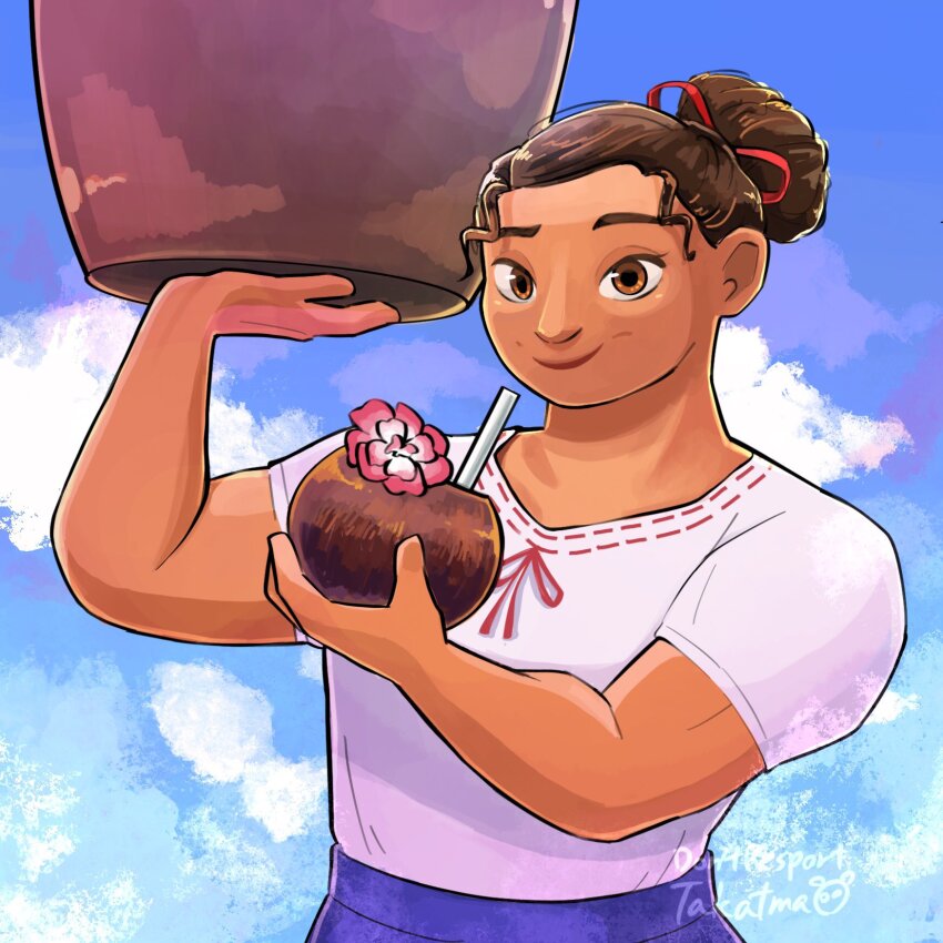 1girl brown_eyes brown_hair curly_hair dark-skinned_female dark_skin dress earrings encanto hair_bun highres jewelry luisa_madrigal muscular muscular_female shirt short_hair siblings sisters skirt smile takatmaorange