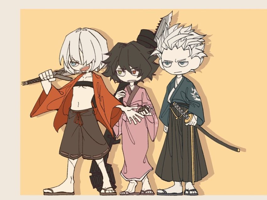 1girl 2boys black_hair black_hakama black_shorts blue_eyes cosplay dante_(devil_may_cry) devil_may_cry devil_may_cry_(series) devil_may_cry_3 explosive fuu_(samurai_champloo) fuu_(samurai_champloo)_(cosplay) green_eyes grenade hair_over_one_eye hakama heterochromia holding holding_grenade holding_rocket_launcher holding_sword holding_weapon japanese_clothes jinnosuke jinnosuke_(cosplay) kalina_ann_(weapon) kimono lady_(devil_may_cry) mugen_(samurai_champloo) mugen_(samurai_champloo)_(cosplay) multiple_boys muzhi_no navel no_shirt orange_background rebellion_(sword) red_eyes rocket_launcher samurai_champloo shorts simple_background sword vergil_(devil_may_cry) weapon white_hair yamato_(sword)
