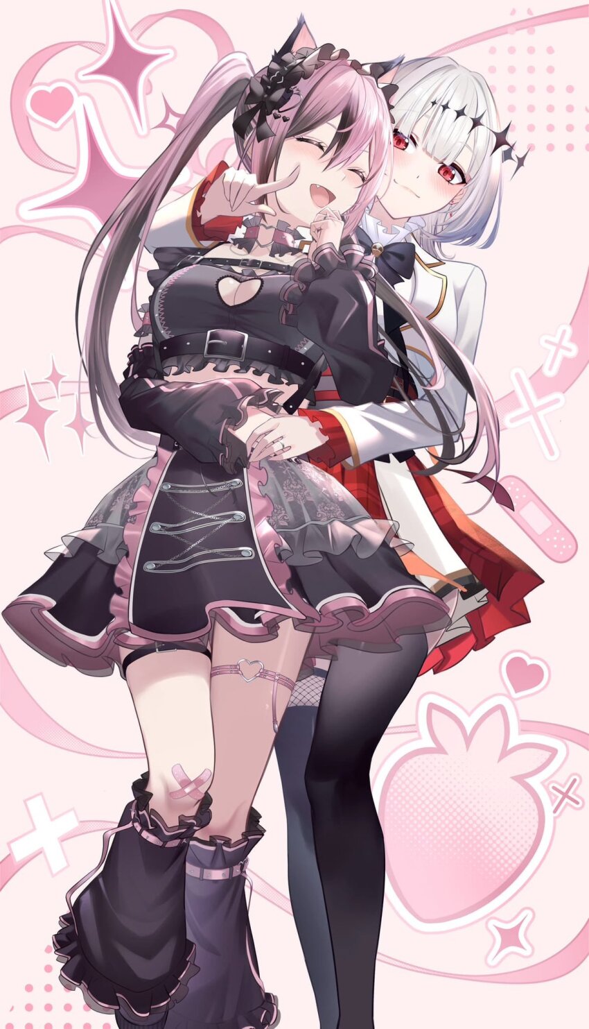 2girls animal_ears black_bow black_hair black_nails black_thighhighs bow cat_ears dress dtto. flirting grey_sleeves heart heart_o-ring highres holding_hands legwear_garter milky_suicide multicolored_hair multiple_girls nakaoka_shiyuu o-ring o-ring_thigh_strap pink_hair puffy_short_sleeves puffy_sleeves red_eyes red_skirt reject_(esports) shirt short_sleeves skirt skull_ornament skymax sleeveless sleeveless_dress smile thigh_strap thighhighs twintails utaite virtual_youtuber white_hair white_shirt wrist_cuffs yuri