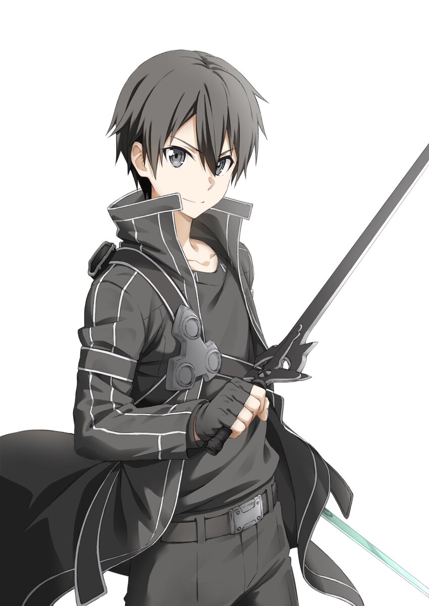 1boy bad_arm belt black_belt black_coat black_eyes black_hair black_pants black_shirt coat collarbone commentary dark_repulser dual_wielding elucidator fingerless_gloves gloves high_collar highres holding holding_sword holding_weapon huang_heting kirito long_sleeves looking_at_viewer open_clothes open_coat pants shirt short_hair smile solo sword sword_art_online v-shaped_eyebrows weapon white_background