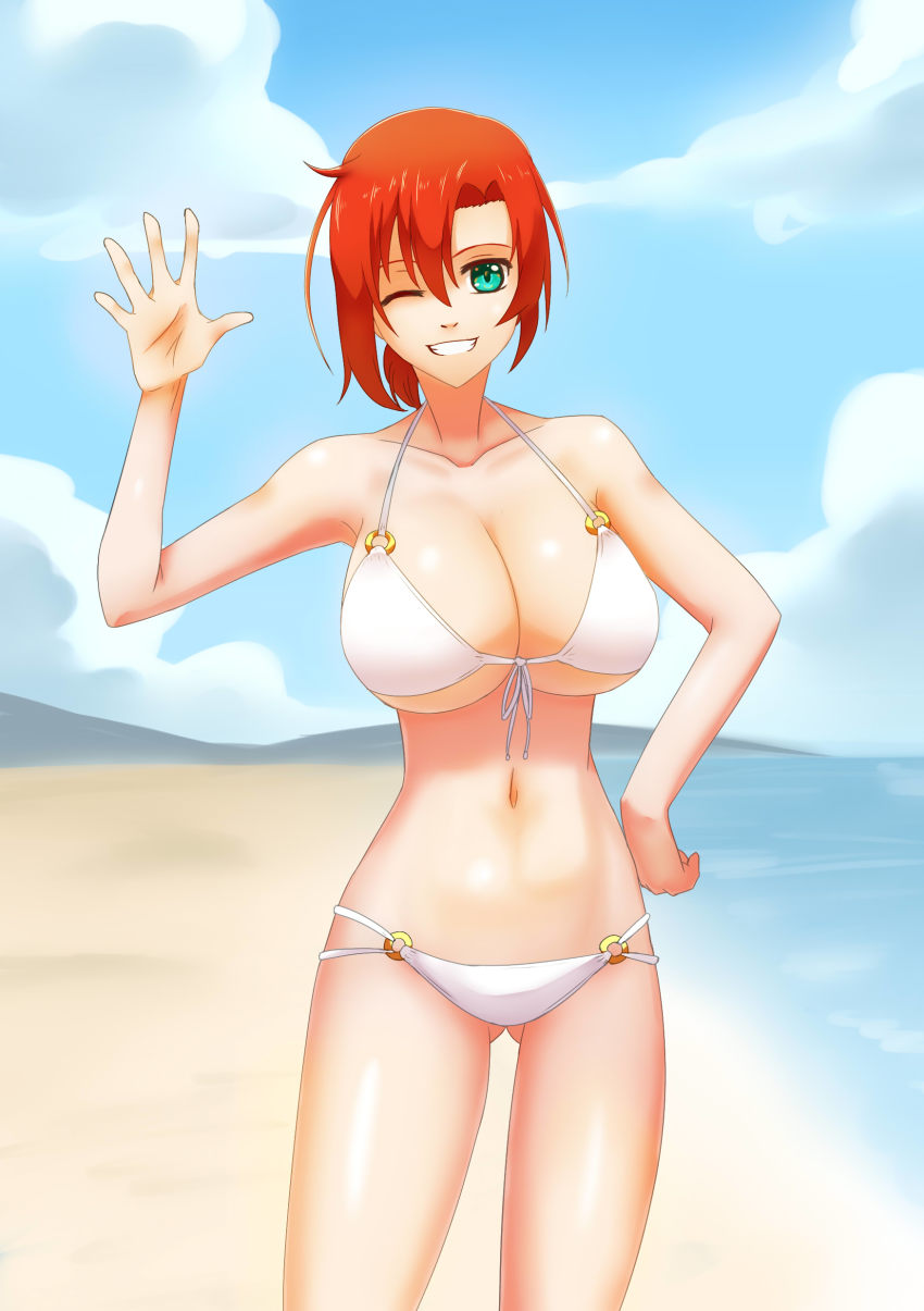 1girl :d absurdres beach bikini boudica_(fate) boudica_(shining_goddess)_(fate) breasts cleavage day der_zweite fate/grand_order fate_(series) female_focus front-tie_bikini_top front-tie_top green_eyes hair_between_eyes highres huge_breasts looking_at_viewer o-ring o-ring_bikini ocean one_eye_closed open_mouth red_hair short_hair smile solo swimsuit waving white_bikini