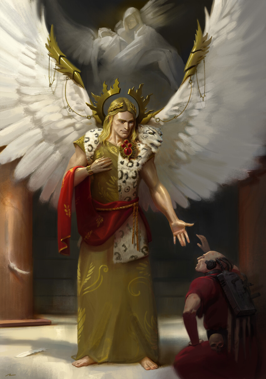 2boys absurdres angel angel_wings bald barefoot blonde_eyebrows blonde_hair blood_angels blue_eyes brick_wall carrying carrying_person chain cleft_chin column falling_feathers feathers from_side gold_chain head_back highres kneeling laurel_crown leopard_pelt long_hair looking_at_another looking_down looking_up male_focus multiple_boys official_art ornate_clothes ornate_robes oruam outdoors pelt photoshop_(medium) pillar primarch purity_seal reaching reaching_towards_another red_rope robe rope sanguinius skull smile snow_leopard spread_wings standing statue symbolism warhammer_40k white_wings wing_armor wings yellow_robe