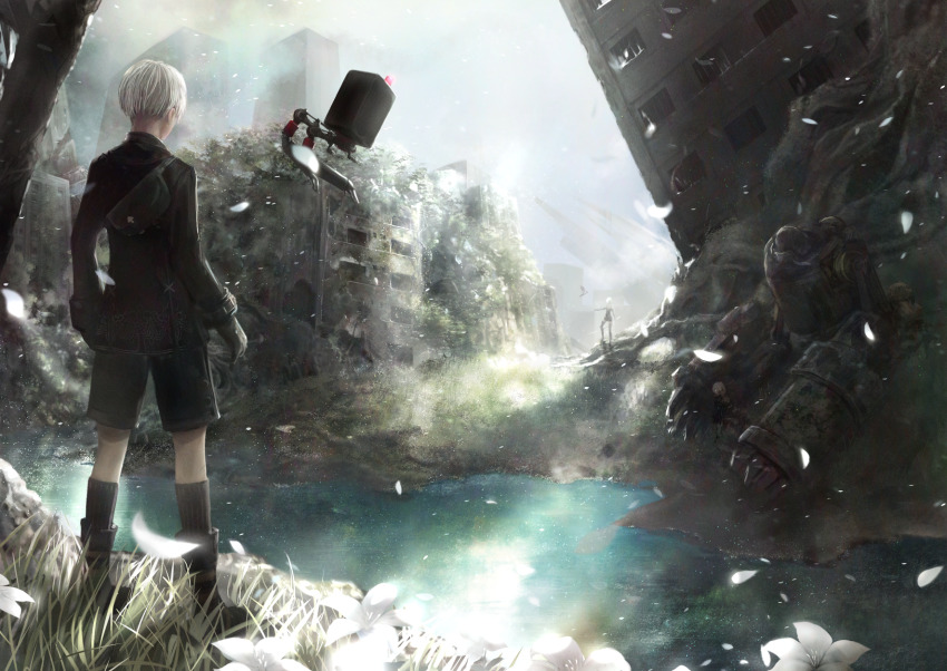 1boy 1girl 9s_(nier:automata) a2_(nier:automata) black_jacket black_shorts boots building commentary_request facing_away flower full_body highres jacket nier:automata nier_(series) overgrown petals pod_(nier:automata) post-apocalypse robot scenery shorts solo sunlight water white_flower white_hair yamamoto_no_ari