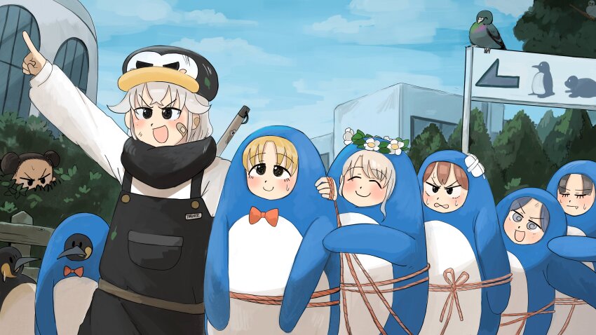 6+girls :d absurdres animal_costume bandaid bandaid_on_cheek bandaid_on_face bird black_hair black_overalls black_scarf blonde_hair bow bowtie bush capybara_keeper_(diva) commentary diva_(hyxpk) donut_stamp double_bun duck english_commentary flower_wreath girl_with_fangs_(diva) grey_hair hair_bun hat head_wreath highres king_penguin lion_shirt_girl_(diva) multiple_girls open_mouth overalls penguin penguin_costume penguin_fan_(diva) penguin_hat penguin_keeper_(diva) pigeon pointing red_bow red_bowtie red_hair rope scarf shirt short_hair slice_of_life smile survey_girl_(diva) tree white_shirt zoo zookeeper zookeepers_(diva)