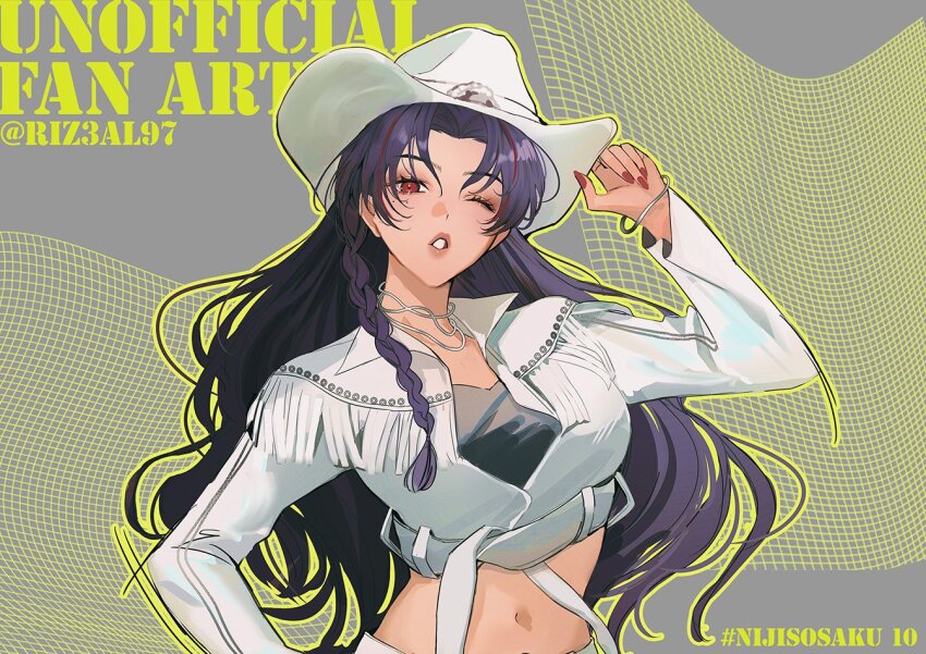 1girl ;o alternate_costume black_hair black_shirt bracelet braid cowboy_fringe cowboy_hat cowboy_western crop_top cropped_jacket fringe_trim hand_on_headwear hand_on_own_hip hat jacket jewelry long_hair looking_at_viewer midriff mole mole_under_eye navel necklace nijisanji nijisanji_en one_eye_closed outline pants parted_lips red_nails riz3 scarle_yonaguni shirt side_braid silver_bracelet silver_necklace single_braid solo tan twitter_username upper_body virtual_youtuber white_hat white_jacket white_pants