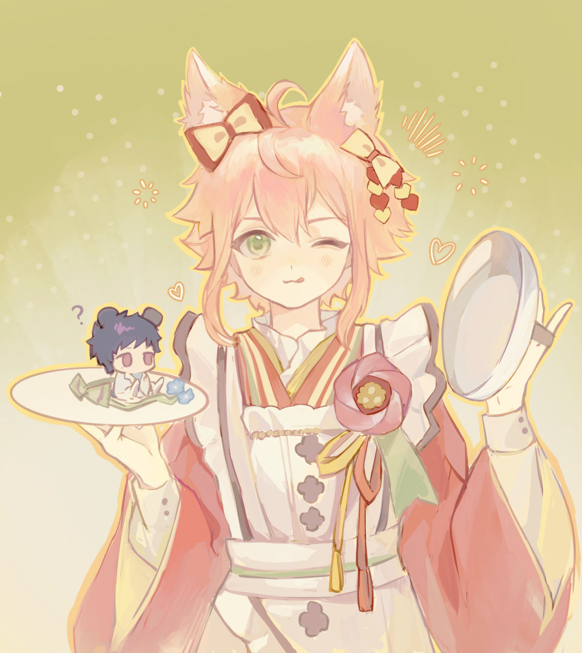 2boys ;3 ;q ? androgynous apron bow chibi ensemble_stars! frilled_apron frills furisode_sleeves fushimi_yuzuru gradient_background green_background hair_bow hands_up highres himemiya_tori himemiya_tori_(koikoi_love_cafe) holding holding_lid holding_plate kulalla male_focus mini_person miniboy mouse_boy multiple_boys one_eye_closed plate size_difference solo_focus straight-on tongue tongue_out upper_body waiter white_apron