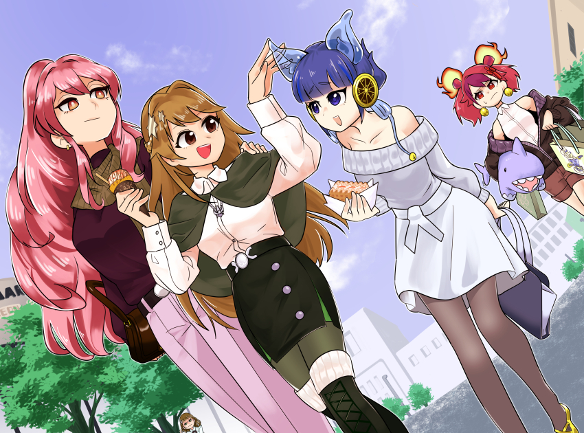 5girls absurdres alternate_costume bag black_pantyhose brown_eyes brown_hair brown_scarf casual commission dress duel_monster dutch_angle exosister_elis exosister_martha exosister_stella food ha-re_the_sword_mikanko highres holding holding_food holding_ice_cream ice_cream jealous looking_at_another multiple_girls ni-ni_the_mirror_mikanko orange_eyes pants pantyhose peeking_out pink_pants ponytail purple_shirt sawan_cutman scarf shirt shopping_bag skeb_commission smile stuffed_animal stuffed_shark stuffed_toy when_you_see_it white_dress yu-gi-oh!